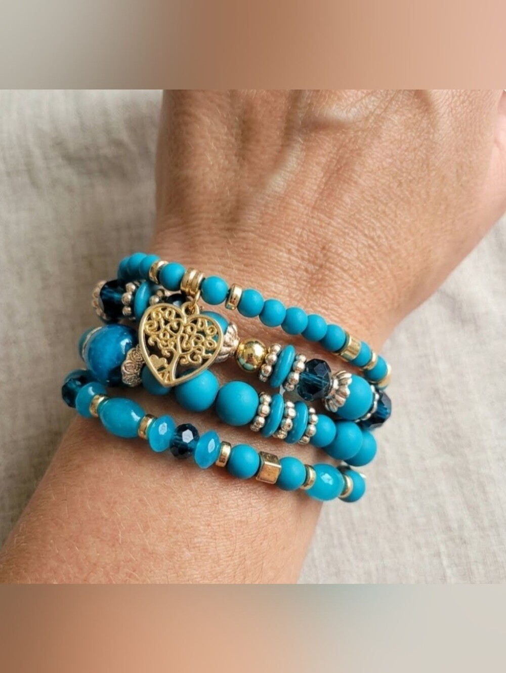 4 Strand Beaded Bracelet Tree Of Life Choose One Turquoise Peach or Blue - Picture 2 of 5